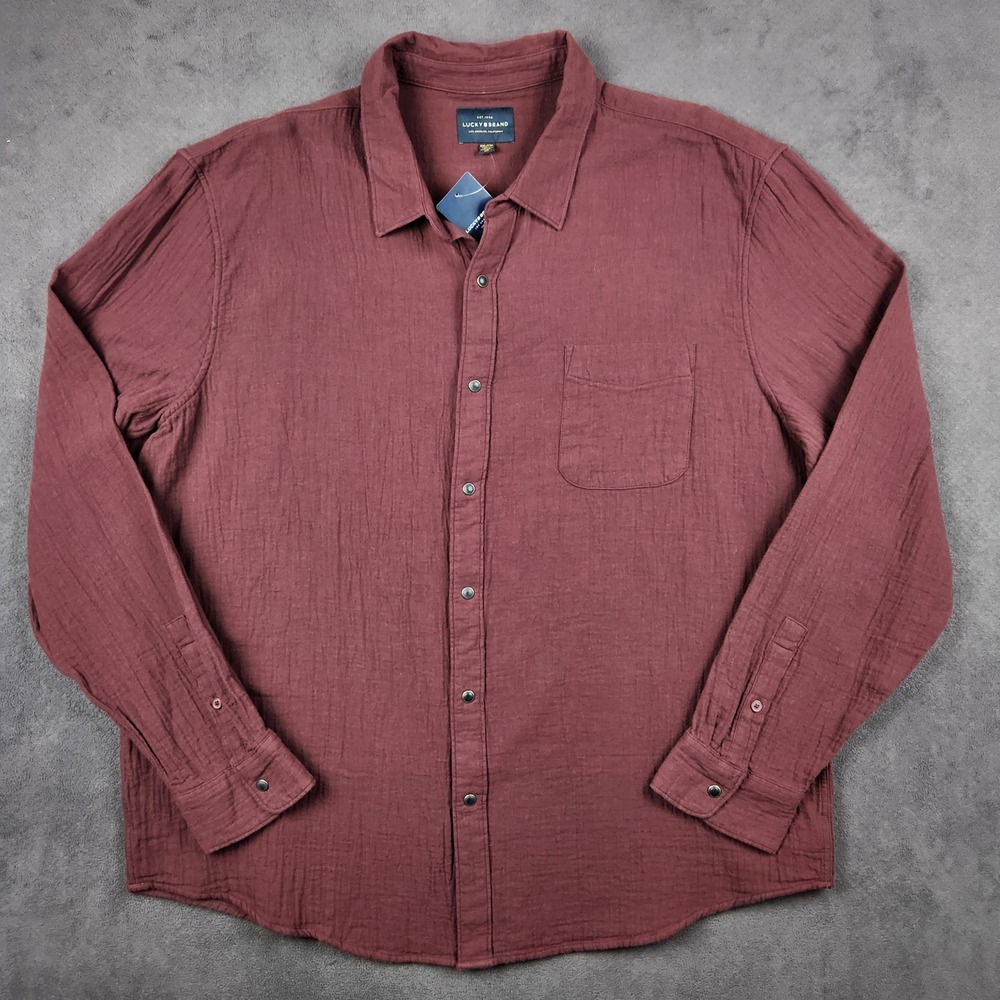 Lucky Brand Double Cloth Shirt Mens XXL Burgundy Cotton Long Sleeve Button Up